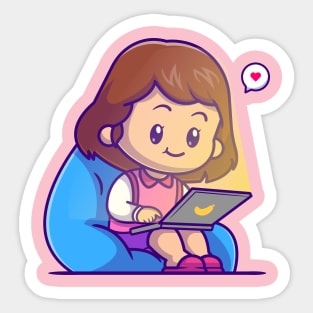 Cute Girl Sitting Playing Laptop Cartoon Sticker